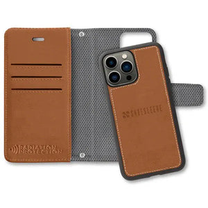 Brown leather iPhone 13 Pro wallet case with radiation protection