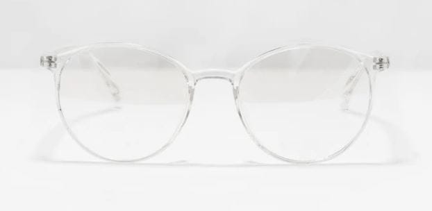 Clear, round-framed eyeglasses.