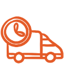 Orange delivery truck icon with clock.