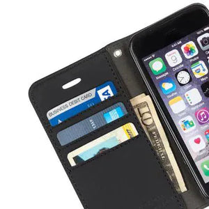 Black iPhone wallet case with cards and cash