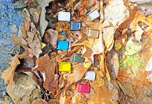 Colorful film canisters on autumn leaves