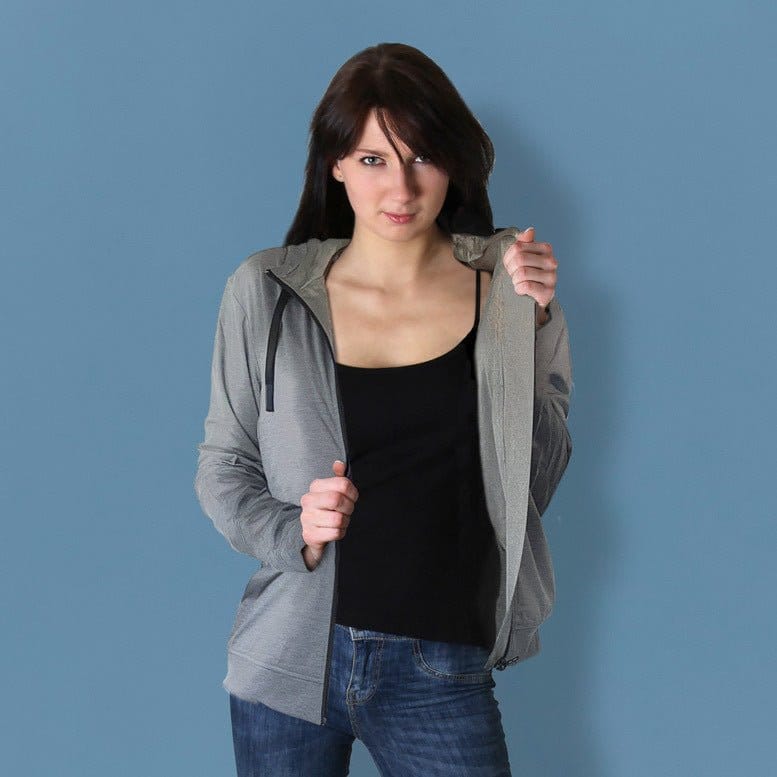 Woman in Def15054 grey hooded jacket