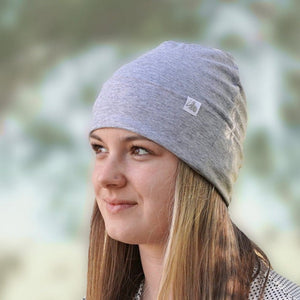 Gray beanie hat Def8207 on a woman