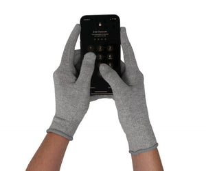Gray gloves using phone, Def8578