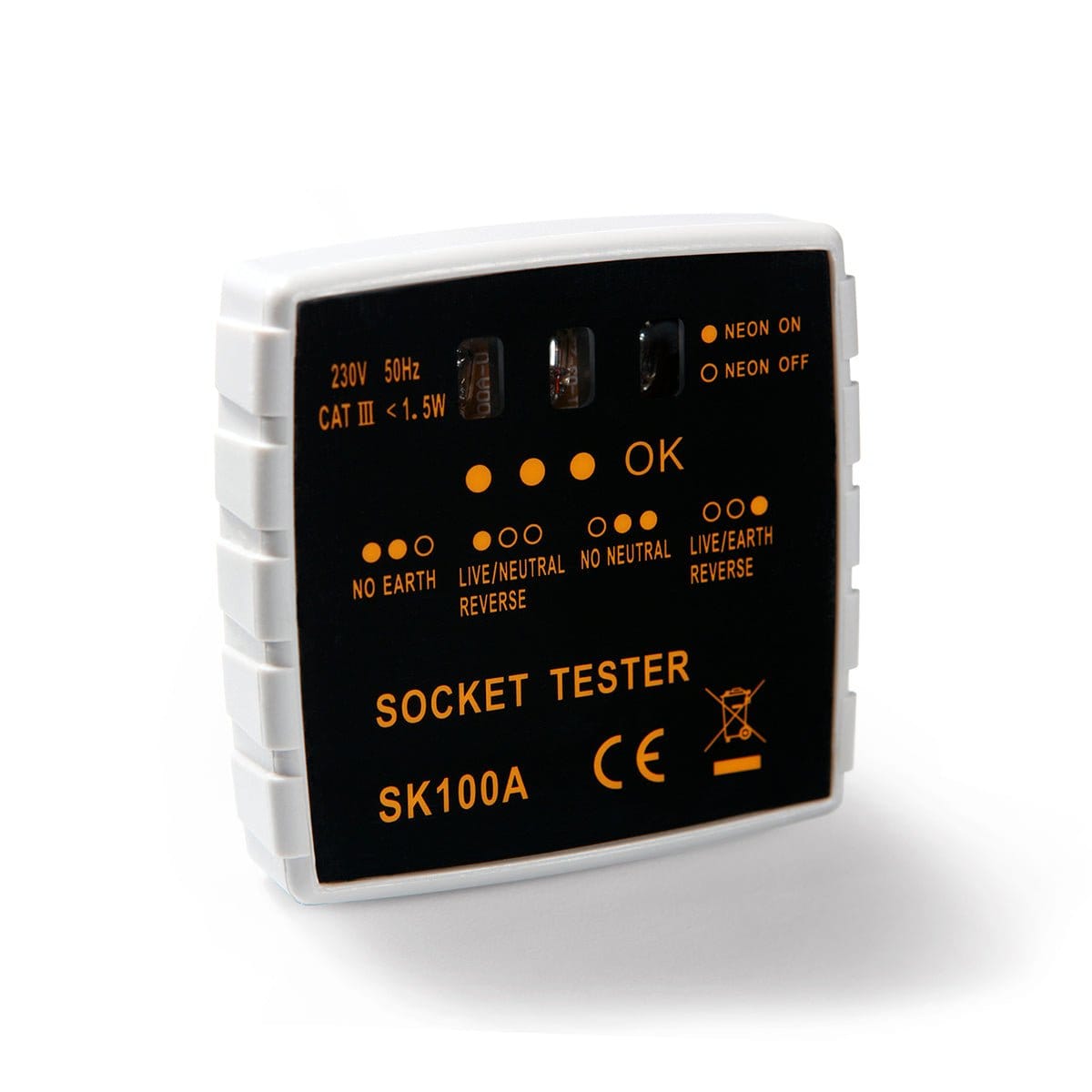 Socket tester SK100A showing electrical outlet status.