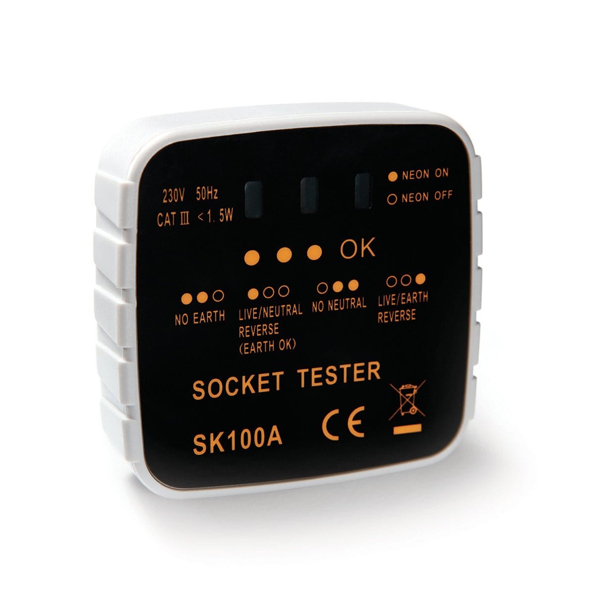 Socket tester SK100A showing electrical outlet test results