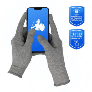 EMF blocking touchscreen gloves holding a phone.
