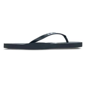 Black grounding flip flops, profile view, beach sandals for women.