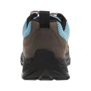 Heel view of grey & blue grounding trail hiking shoes
