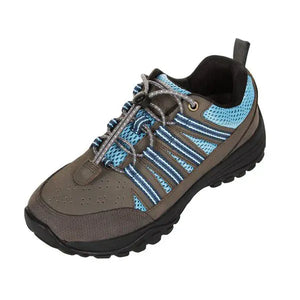 Grey and blue trail shoe, hero view.
