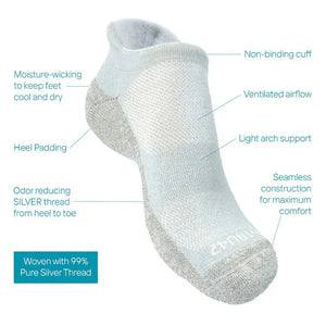 Moisture-wicking, silver thread sock with features for comfort.