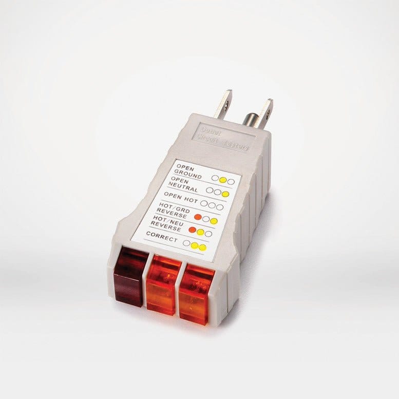 Electrical outlet tester LHDG98ND2N showing various wiring issues.