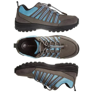 Multi-view grey and blue trail shoe