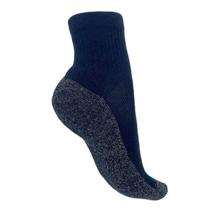 Back view of a blue quarter sock.