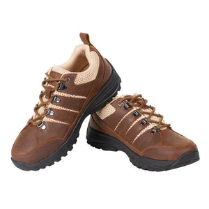 Brown leather & mesh trail shoe, stacked view.