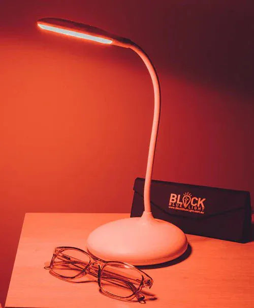 Blue light blocking lamp with glasses.