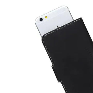 Phone sliding into black leather case