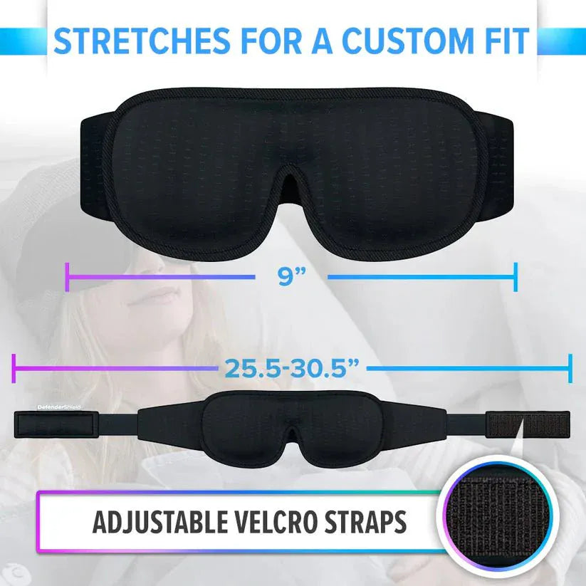Defendershield EMF sleep mask with adjustable Velcro straps and sizing.