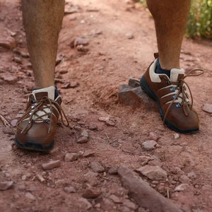 Earthing Harmony luxe grounding shoes, summer 2023, on a trail