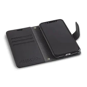 Black iPhone 11 Pro wallet case open showing phone