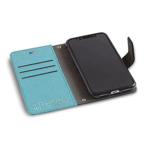 Blue iPhone 11 Pro case open showing phone and card slots