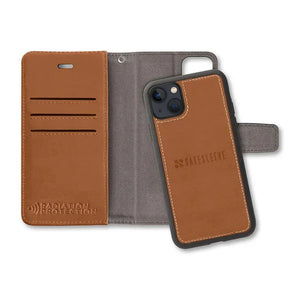 Leather iPhone 13 wallet case with brown finish