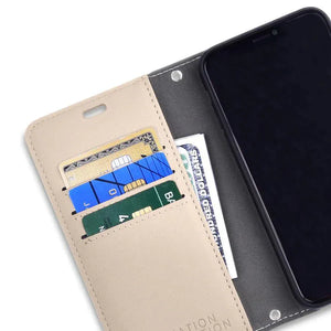 Beige iPhone 11 wallet case with credit cards
