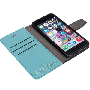 Open blue phone case with phone inside