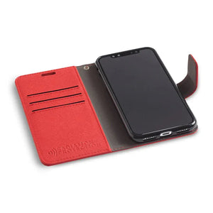 Open red leather phone case with phone