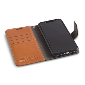 Open brown leather phone case with radiation protection