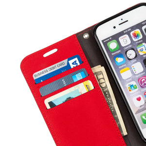 Red phone wallet case with cards and money