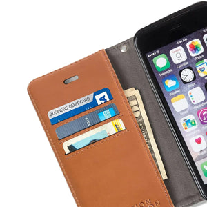 Open brown leather phone case with cards and cash.