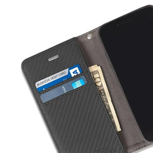 Open wallet case with cards, cash, and phone