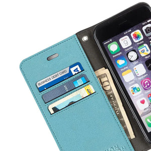 Open case with iPhone, cards, and cash