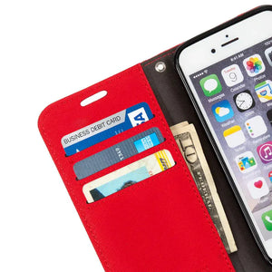 Red phone wallet with cards and cash
