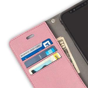 Pink phone wallet with cards and cash