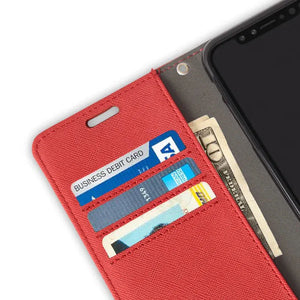 Red phone case with cards and money