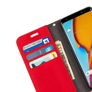 Red Samsung wallet with phone and cards