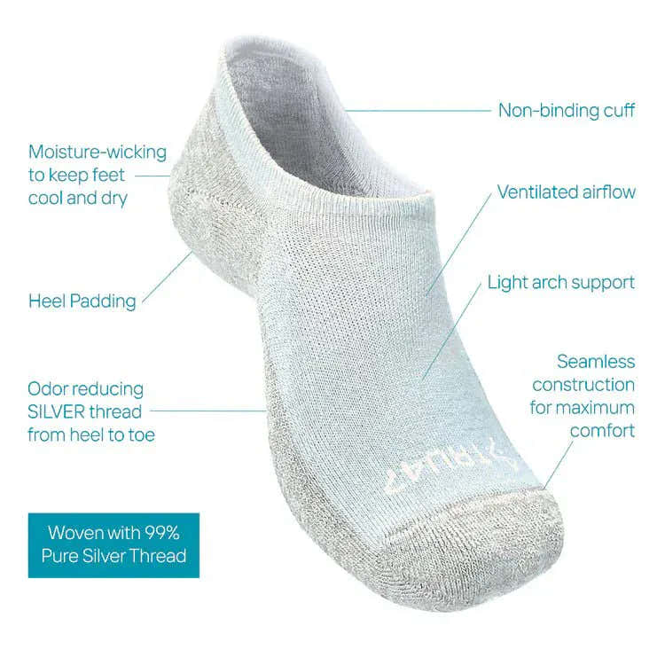 Features of moisture-wicking silver thread sock.