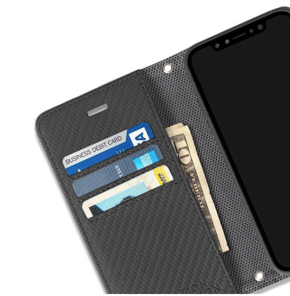 Phone case with cards and money visible.