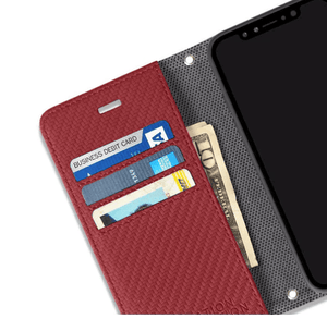 Screenshot of red phone case with cards and cash.