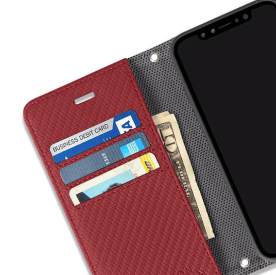 Red phone wallet with cards and cash, December 2025 screenshot.