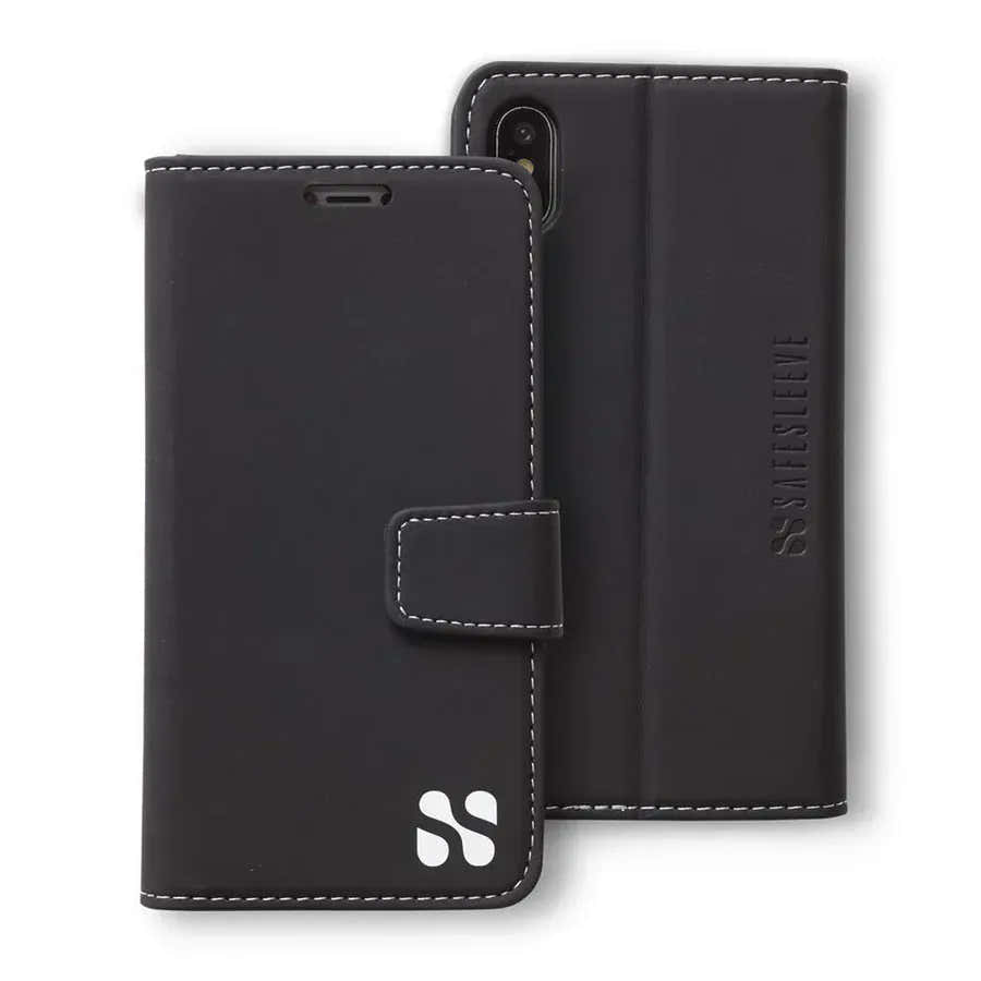Black leather phone case with white stitching